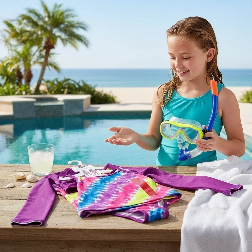 Lands' End 3 Piece Swim Set Girls Size 2T‎ Purple Geometric UPF 50 Quick Dry